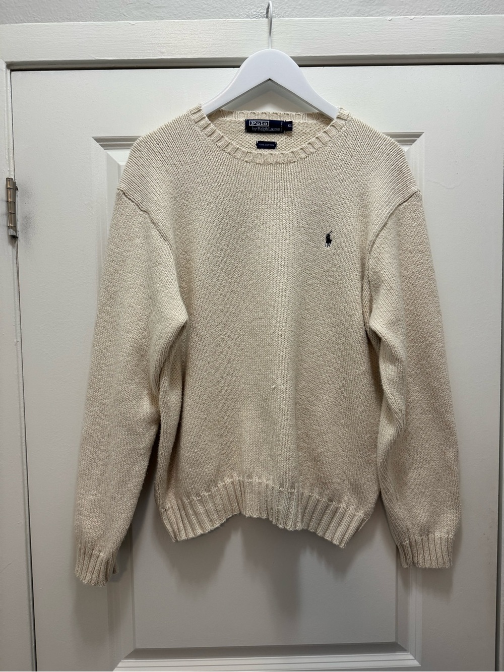 Vintage Polo Ralph Lauren Crewneck Sweater Cream Chunky Navy Pony Hong